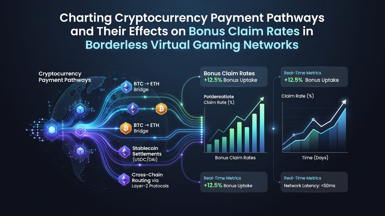 Cryptocurrency transaction pathways visualized across borderless virtual gaming platforms showing payment flows and bonus activation points