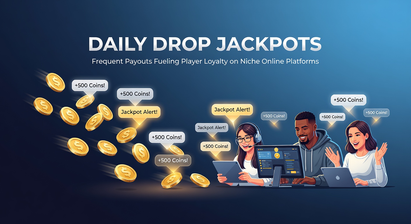 Vibrant online slot screen showing a daily drop jackpot ticking down to payout, with coins cascading and excited player interface highlighting frequent wins on a niche casino platform