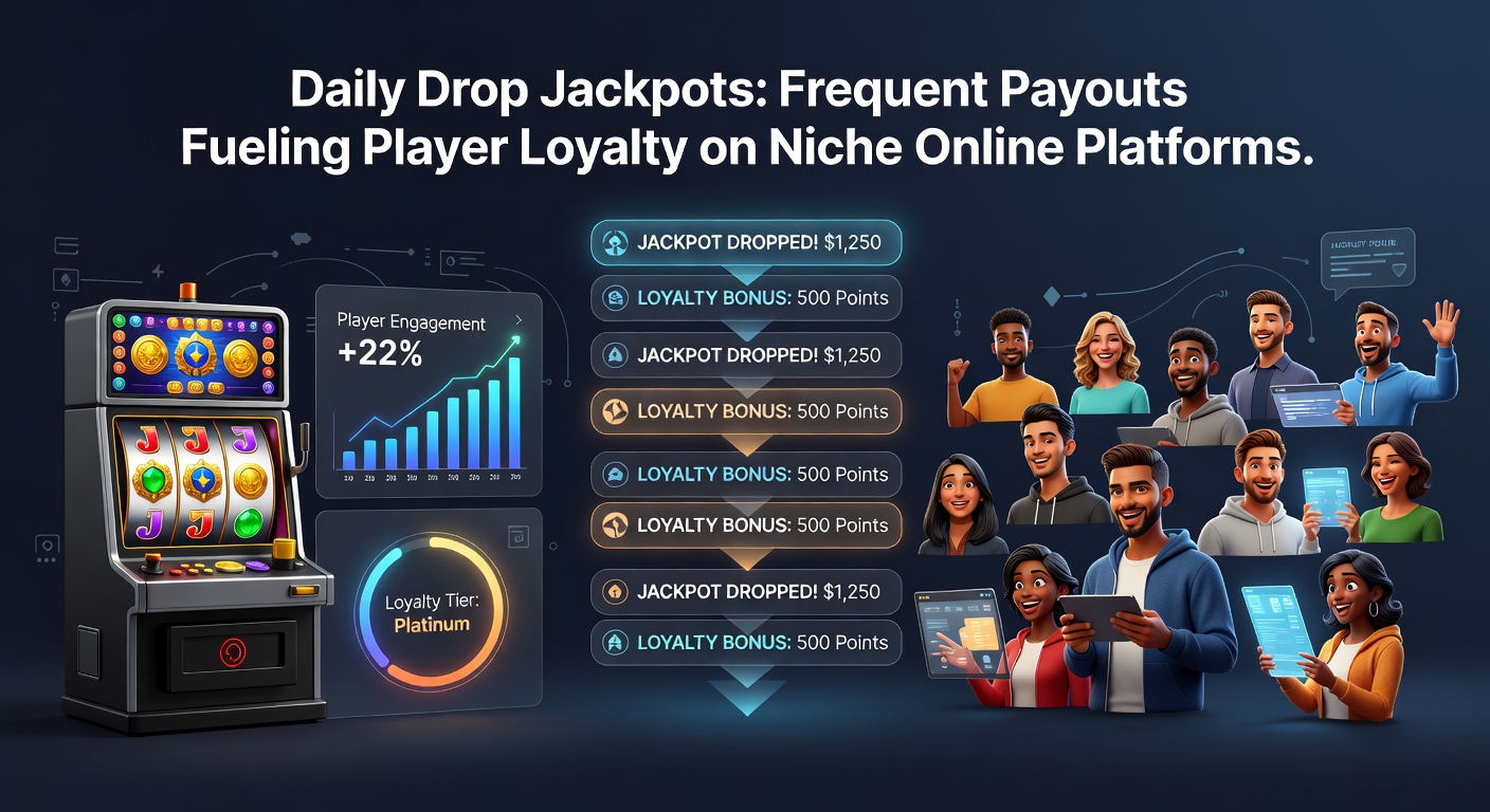 Close-up of a mobile app notification for a daily drop jackpot win, featuring glowing jackpot meter at zero with confetti effects and player balance surging on a sleek niche online casino interface
