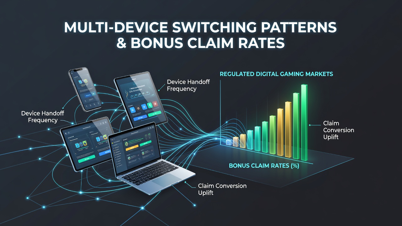 Infographic showing multi-device usage patterns and bonus claim correlations in digital gaming platforms across different regulatory regions
