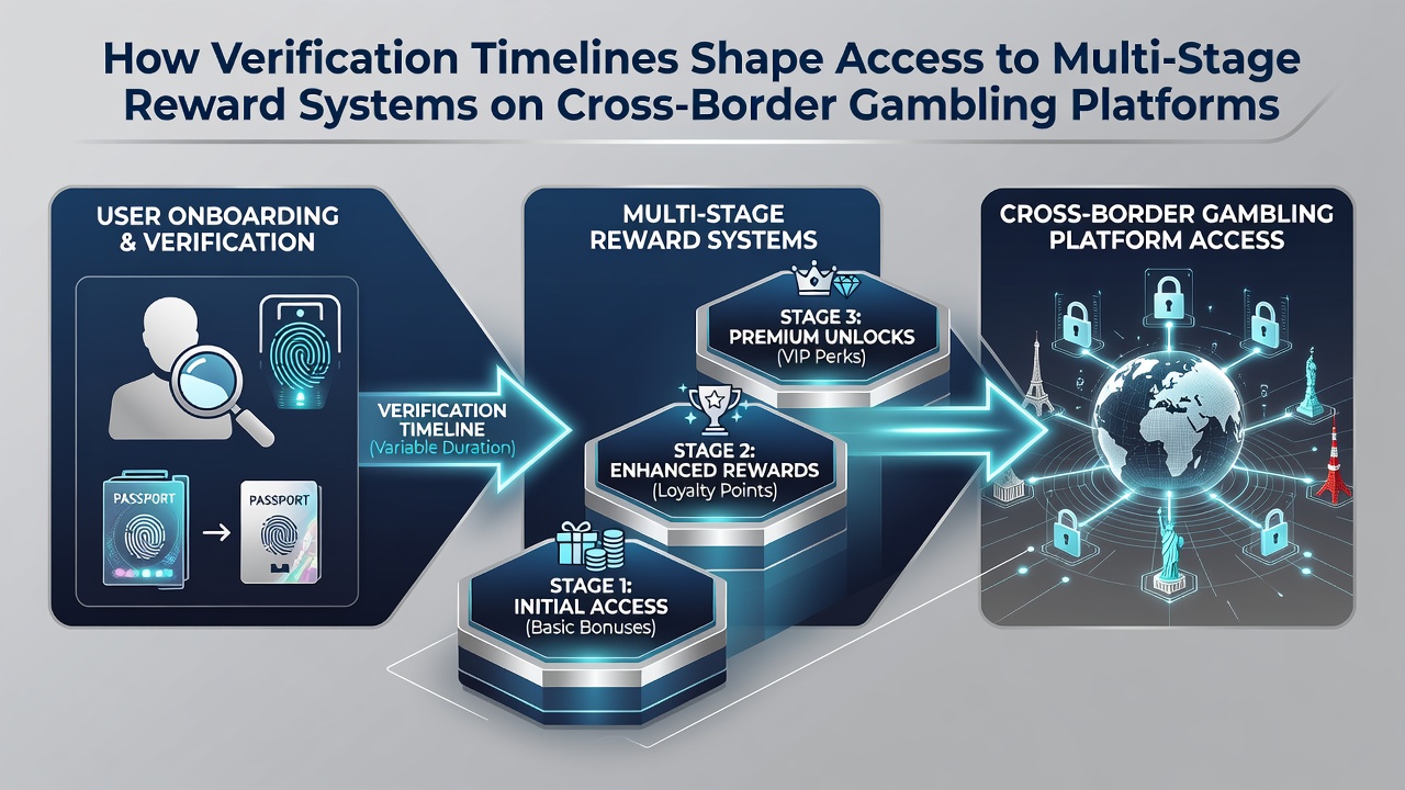 Timeline chart illustrating verification stages and corresponding reward system unlocks on international gambling sites