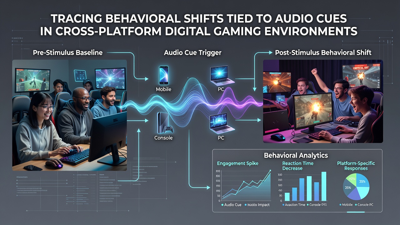 Cross-platform gaming setup showing players interacting with audio-enhanced digital environments on multiple devices